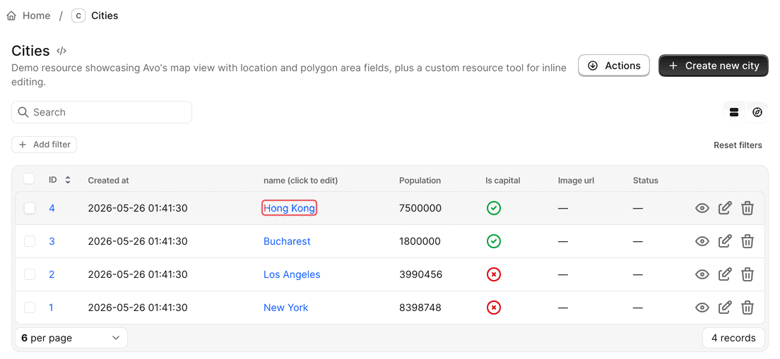 An Avo Cities index where a record's name is a clickable link; clicking it opens an Update action modal with a prefilled name field, which when run updates the row.