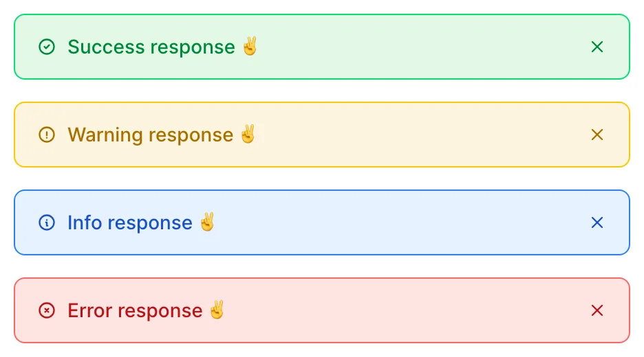 Avo action feedback notifications: success, info, warning, and error alerts stacked.