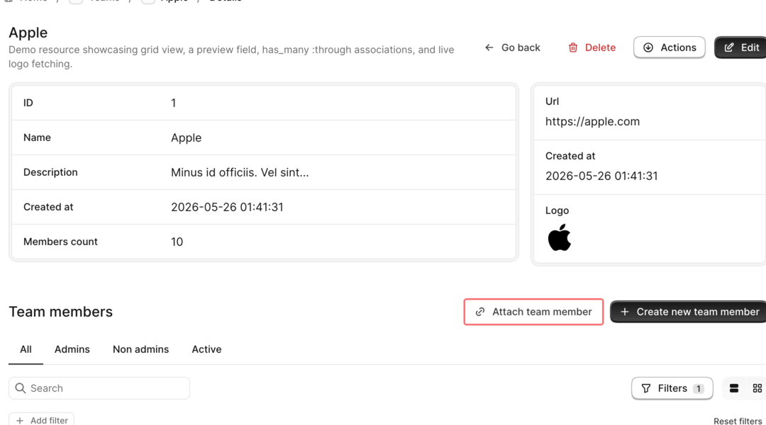 An Avo Team show view: clicking Attach team member on the Team members has_many through association opens a modal with the member dropdown and an extra Review text field from attach_fields.