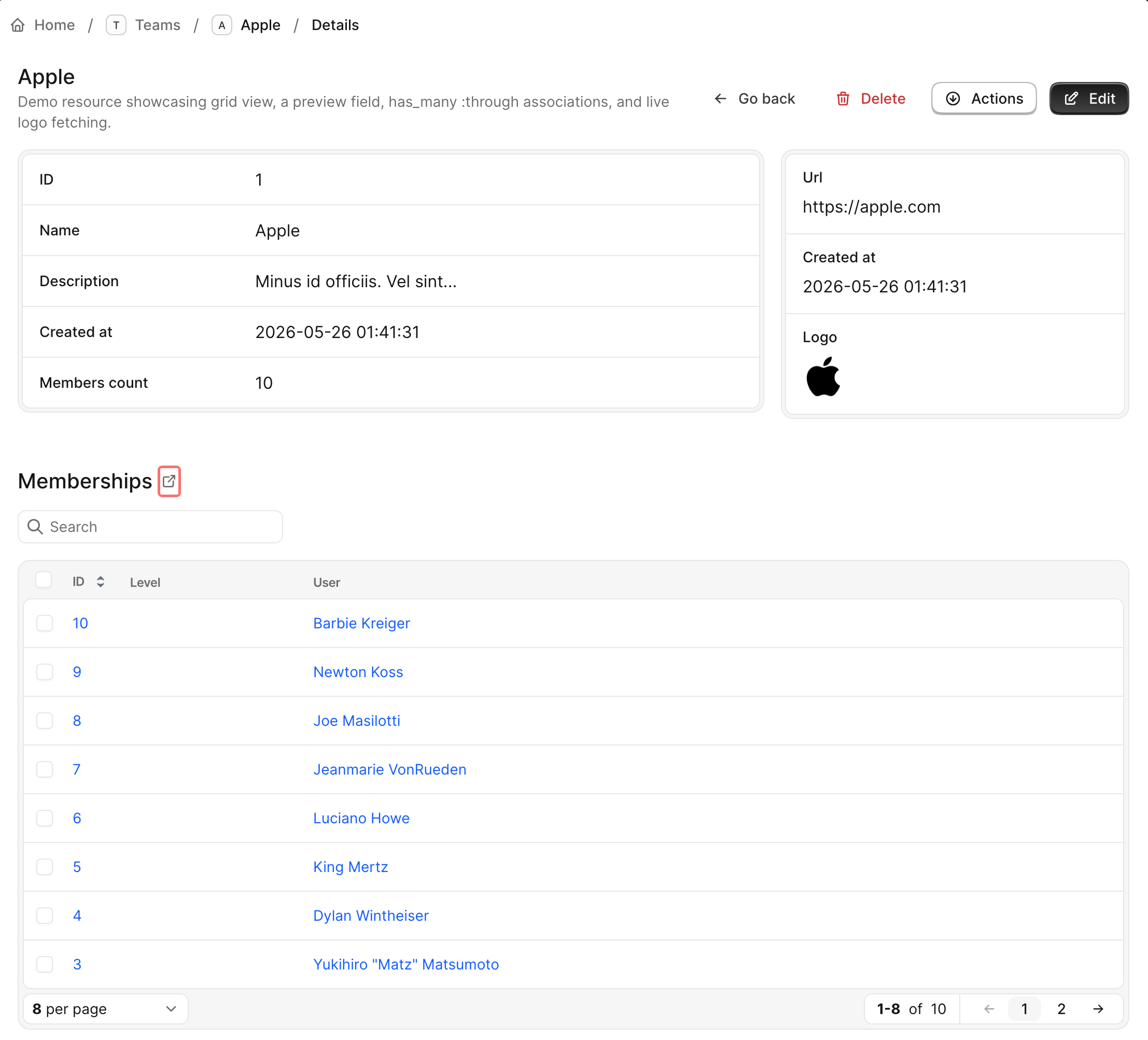 An Avo Team show page with the Memberships has_many association panel embedded below the record fields; the linkable open-in-new-tab icon beside the panel title is highlighted.