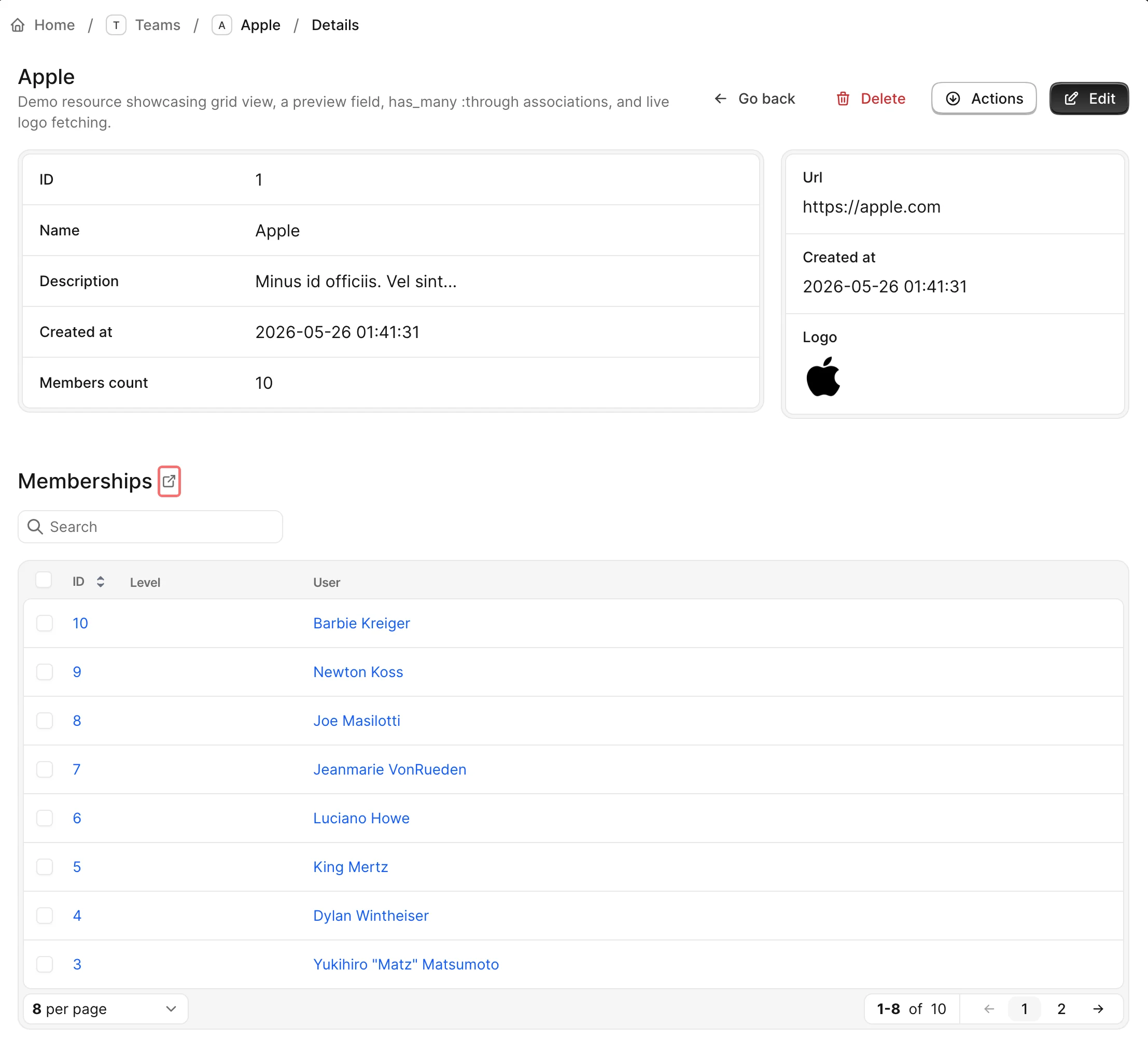 An Avo Team show page with the Memberships has_many association panel embedded below the record fields; the linkable open-in-new-tab icon beside the panel title is highlighted.