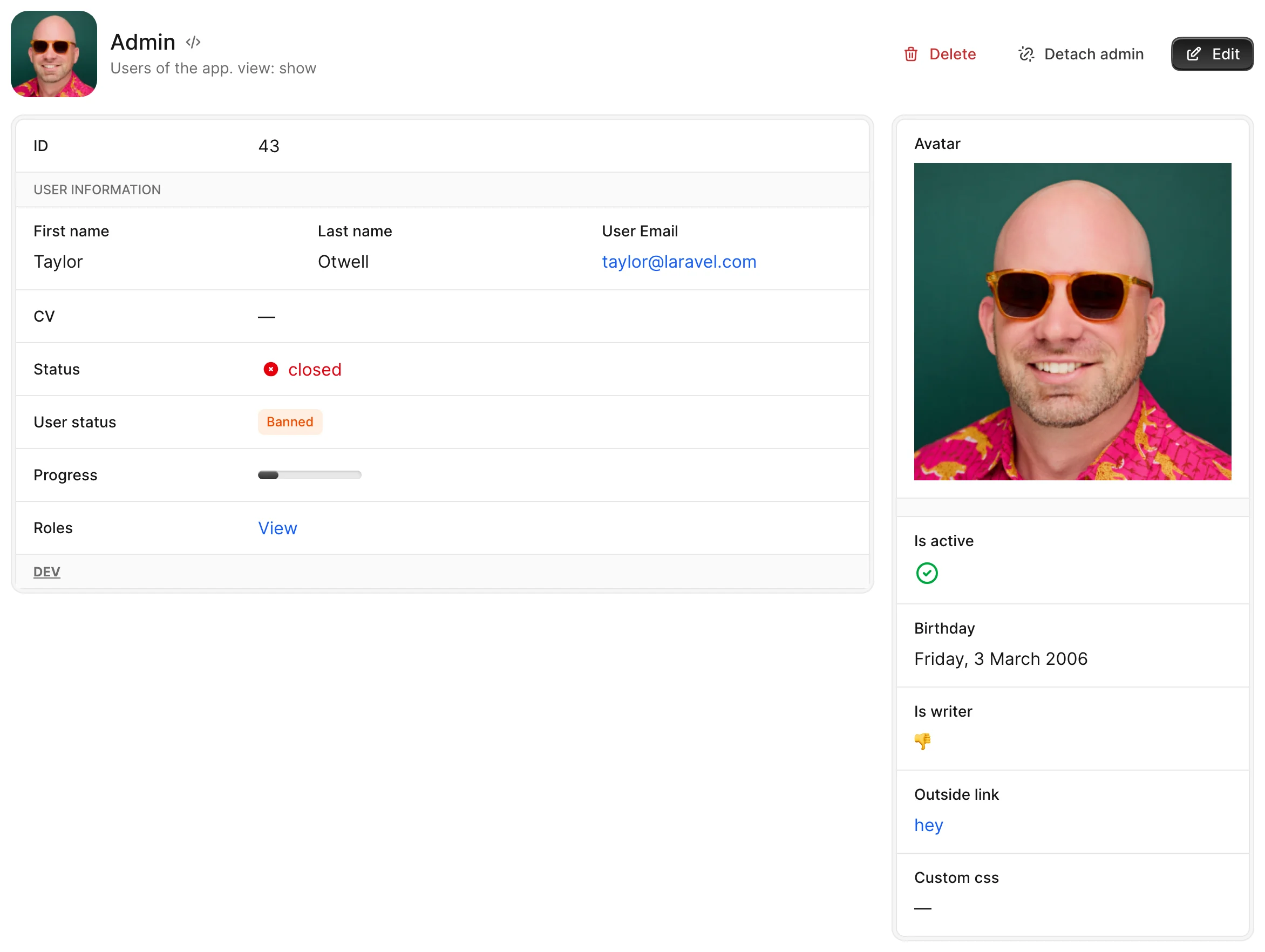 An Avo Team show view with the admin has_one association panel titled Admin, showing the unfolded child user record with its Id and user information fields plus the Detach control.