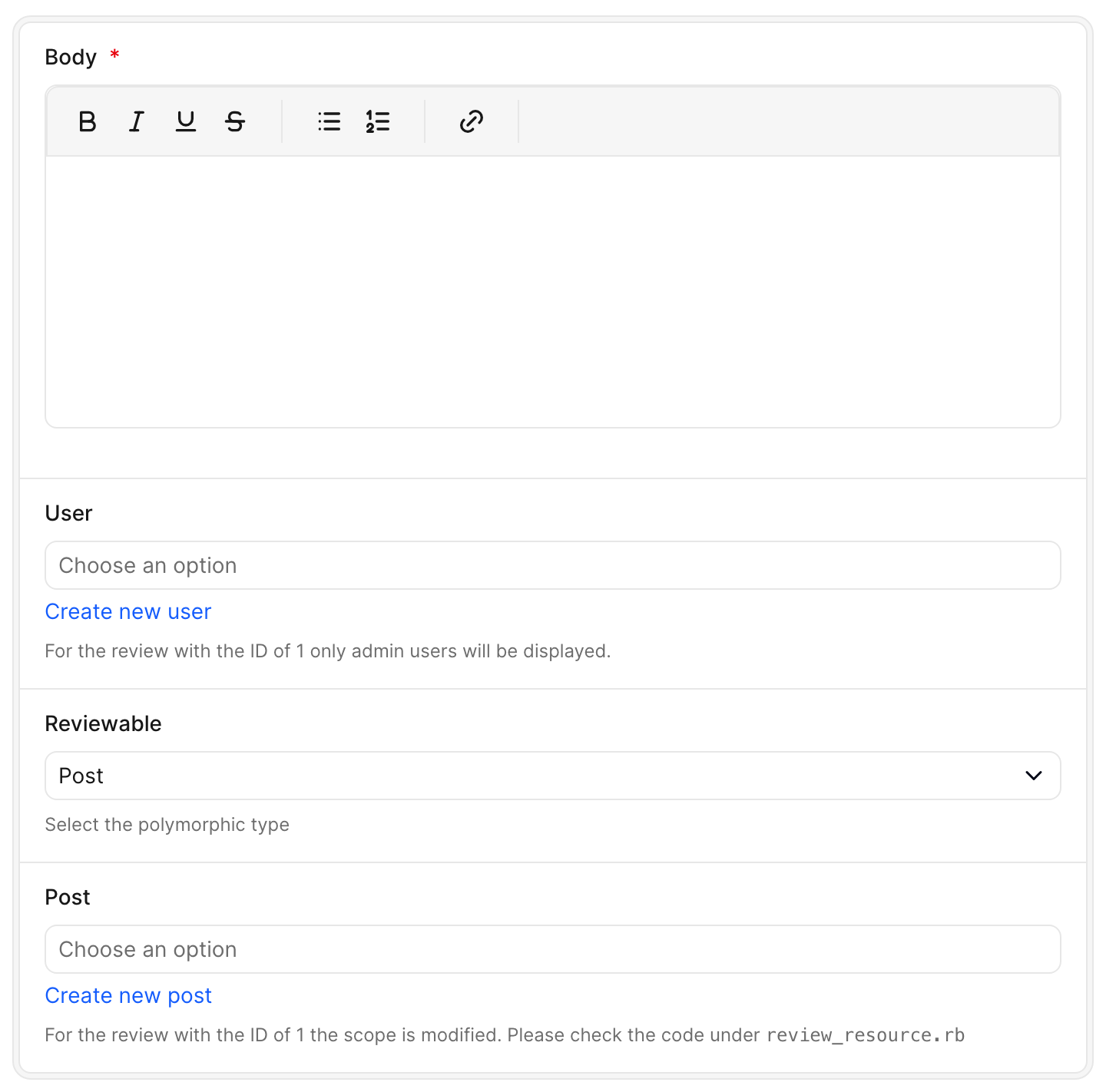New review form with a polymorphic Reviewable belongs_to field showing the type dropdown, record dropdown, polymorphic_help and help text inside a complete card.