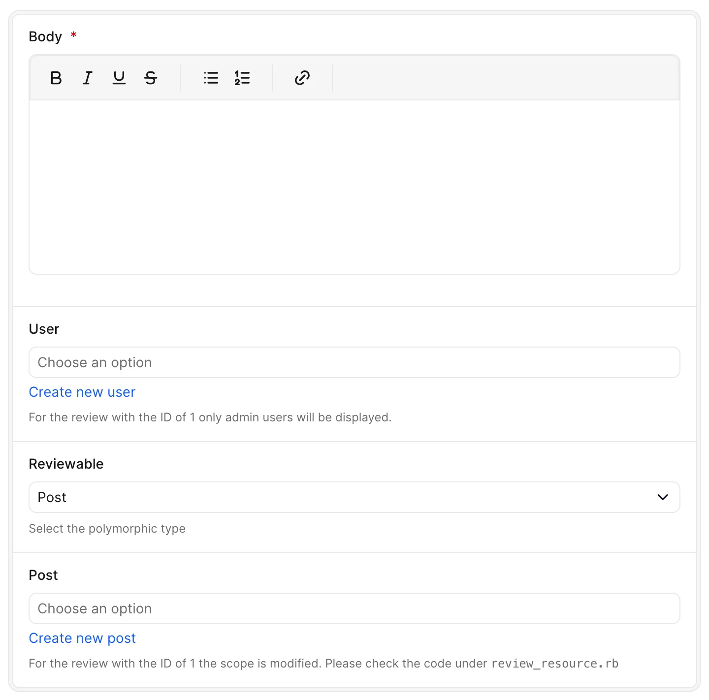 New review form with a polymorphic Reviewable belongs_to field showing the type dropdown, record dropdown, polymorphic_help and help text inside a complete card.