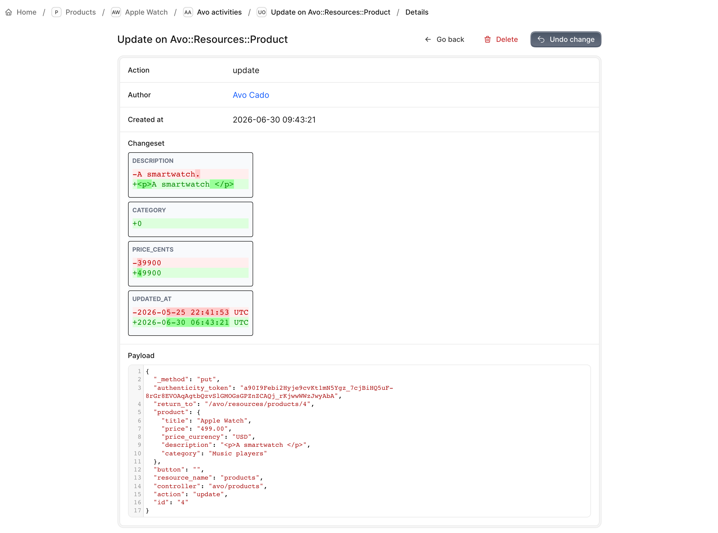 An update activity detail page showing the changeset diff and payload, with breadcrumbs and title