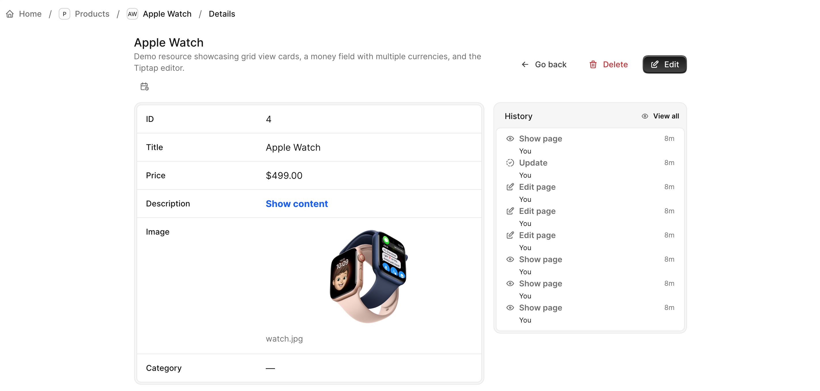The History activity timeline tool shown in the product record's sidebar, with breadcrumbs and title