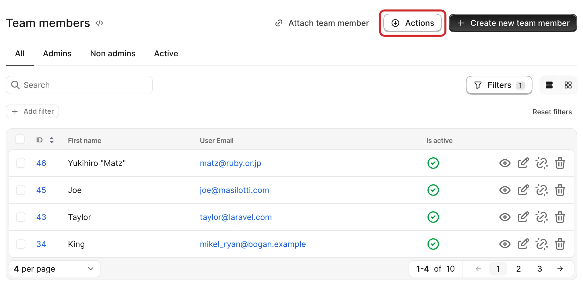 The Team members association Index view with the “Actions” header dropdown button highlighted, the control the act_on_{association}? policy governs.