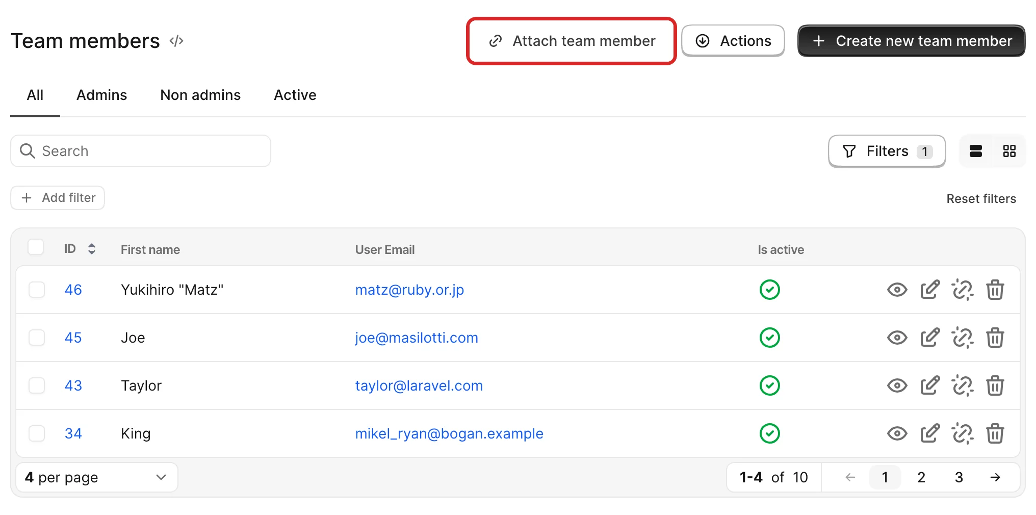 The Team members association Index view with the “Attach team member” button highlighted — the control the attach_{association}? policy governs.