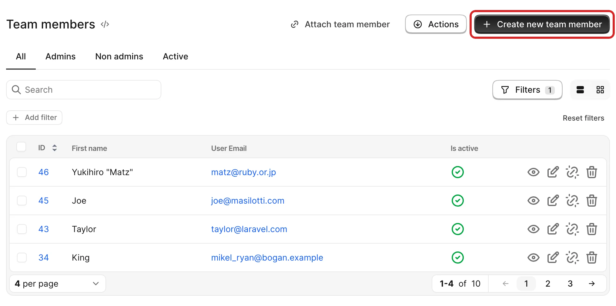 The Team members association Index view with the “Create new team member” header button highlighted, the control the create_{association}? policy governs.