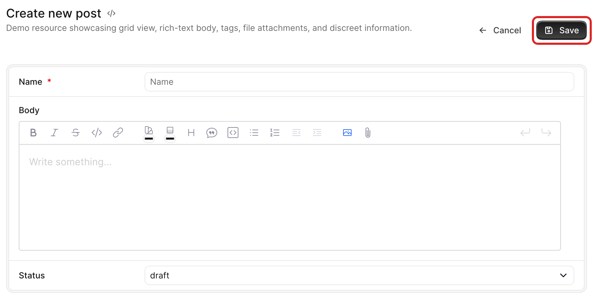 The Avo post create form, trimmed to the Name, Body and Status fields, with the Save button in the top-right action bar highlighted.