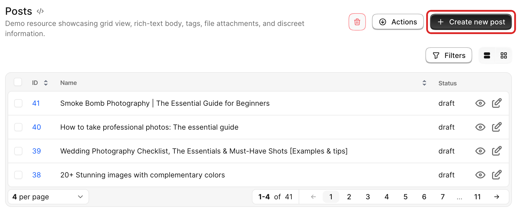 The Posts Index view with the “Create new post” button highlighted in the top-right of the header, illustrating the resource the Pundit new? policy controls.