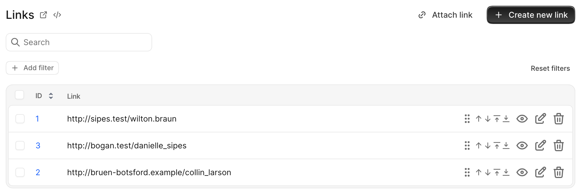 A Course links association Index (on the Course Show page) with a row's records-reordering controls (drag handle and up, down, to-top, to-bottom arrows) highlighted, the controls the reorder_{association}? policy governs.