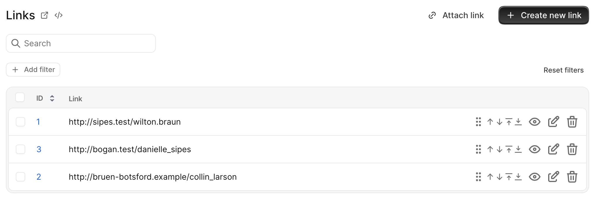 A Course links association Index (on the Course Show page) with a row's records-reordering controls (drag handle and up, down, to-top, to-bottom arrows) highlighted, the controls the reorder_{association}? policy governs.