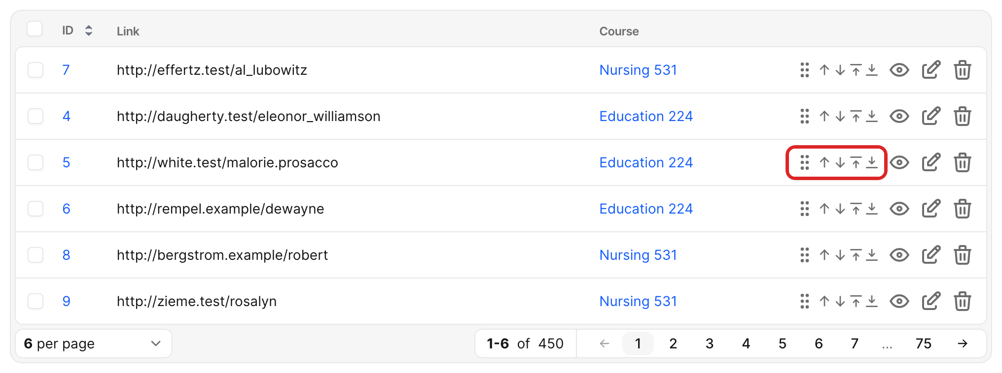 An Avo Course links index table with a row's records reordering controls (drag handle and up, down, to-top, to-bottom arrows) highlighted, the controls the reorder? policy governs.