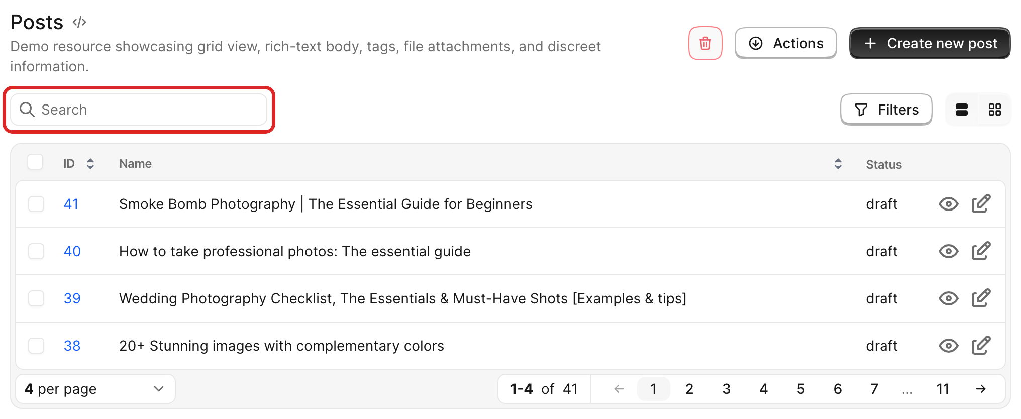 The Posts Index view with the resource search input highlighted at the top of the page, illustrating the input the Pundit search? policy controls.