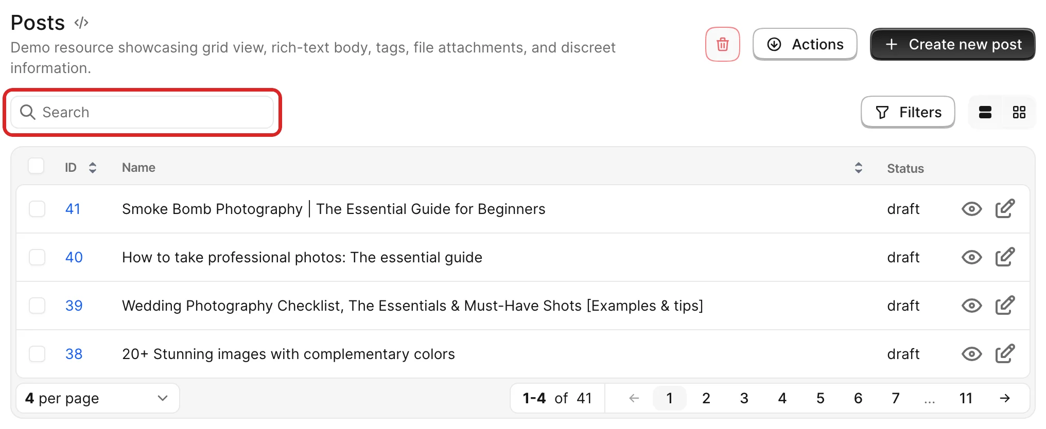 The Posts Index view with the resource search input highlighted at the top of the page, illustrating the input the Pundit search? policy controls.