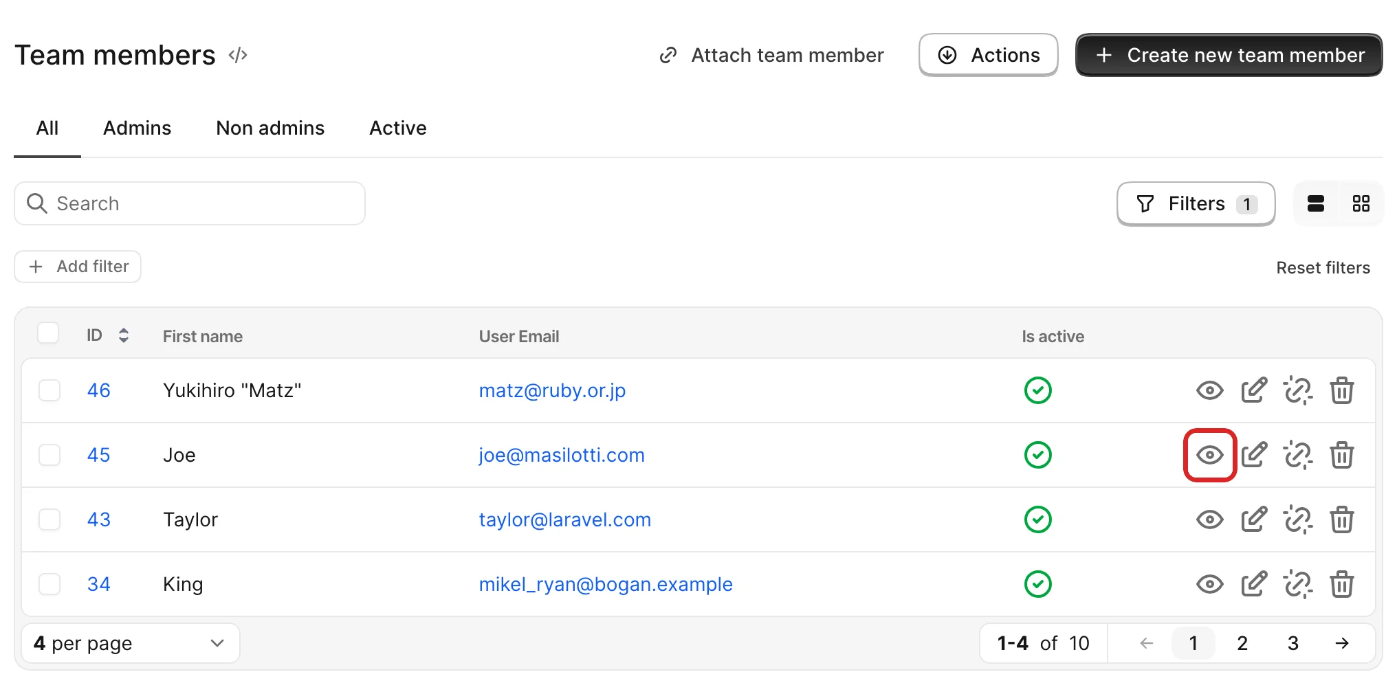 The Team members association Index view with the View (eye) icon in an associated record row’s action controls highlighted, the control the show_{association}? policy governs.