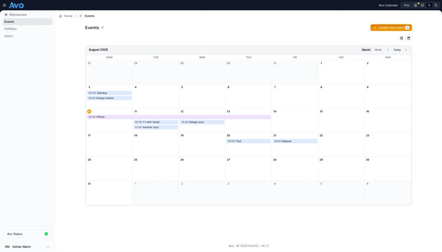 The Events resource in calendar view — the month grid with timed chips, a multi-day event spanning four days, and the Month/Week switcher.