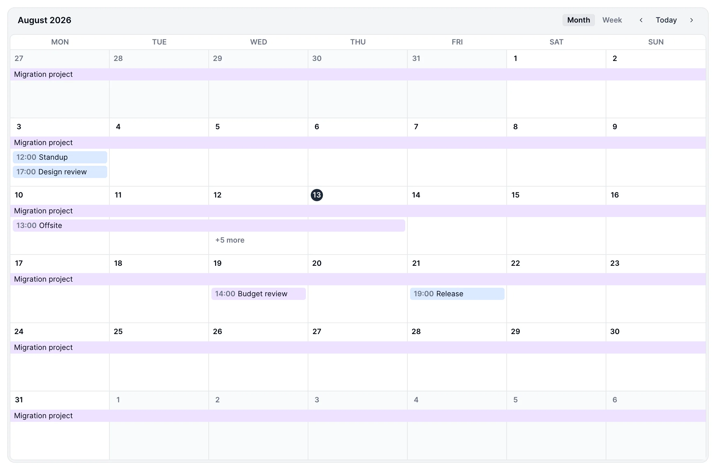 The month calendar — timed event chips, a month-long all-day bar, a multi-day event spanning three days, and the Month/Week switcher.
