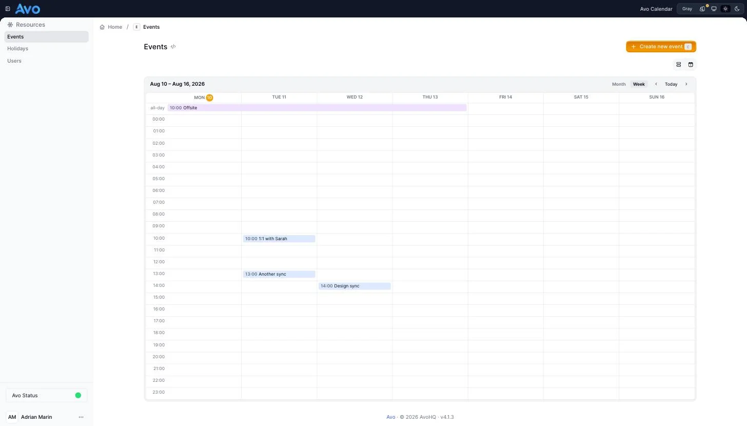 The week view — a multi-day event in the all-day lane and hour-based events on their start hours.
