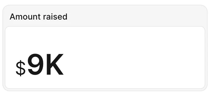 An Avo metric card titled “Amount raised” showing the value formatted via number_to_social as a compact “9K” with a $ prefix.
