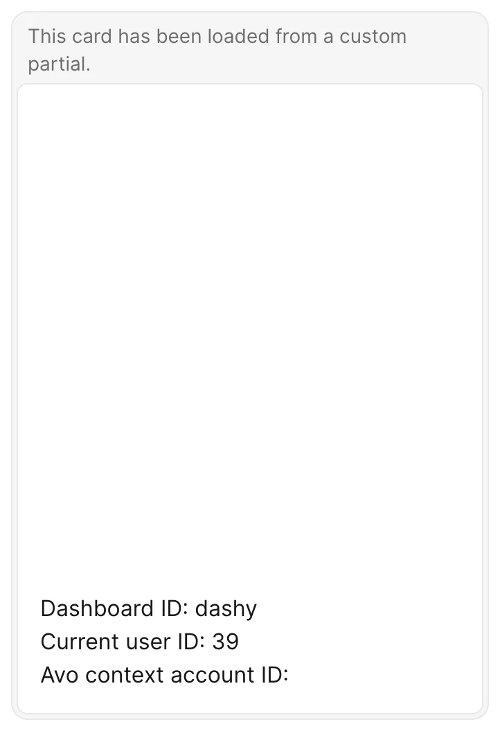 A tall Avo partial card whose body is custom HTML loaded from a partial, with the description “This card has been loaded from a custom partial.”