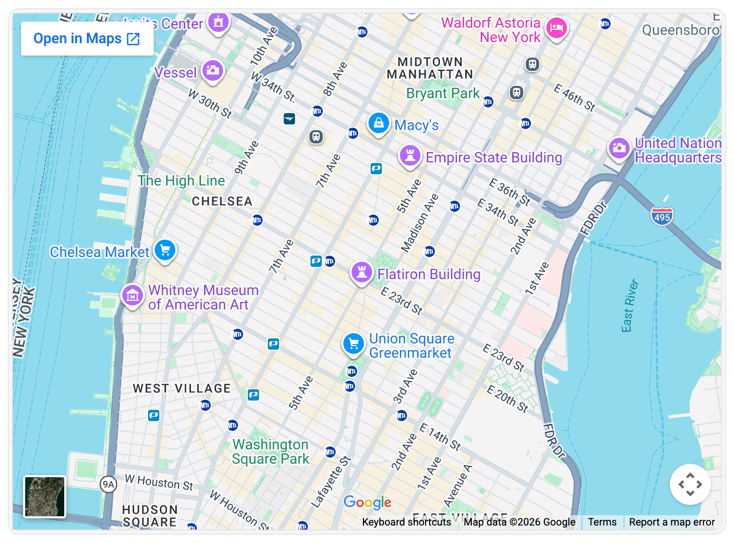 An Avo partial card embedding a Google Maps view of Manhattan, rendered flush to the card edges because the card header is hidden.