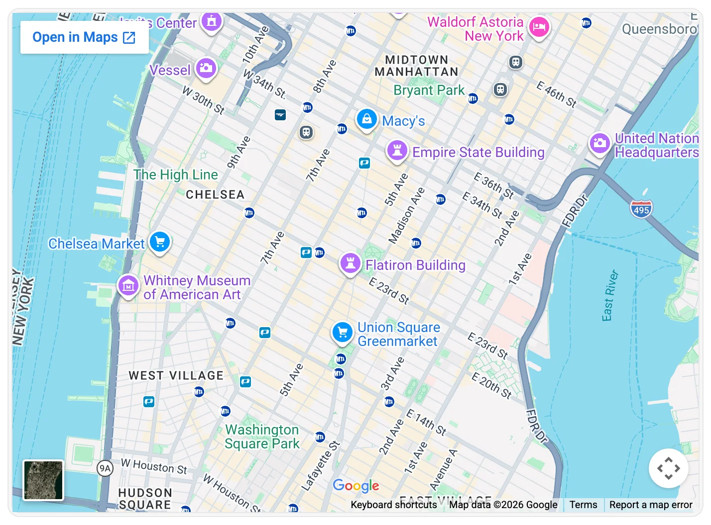 An Avo partial card embedding a Google Maps view of Manhattan, rendered flush to the card edges because the card header is hidden.