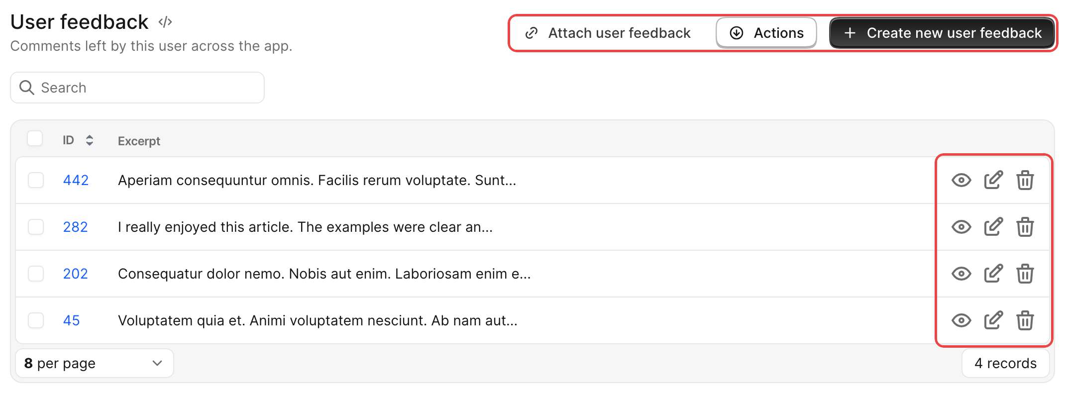 An Avo User feedback has_many association with attach, Actions, and Create buttons highlighted in the header and view, edit, and delete row actions highlighted on the right.