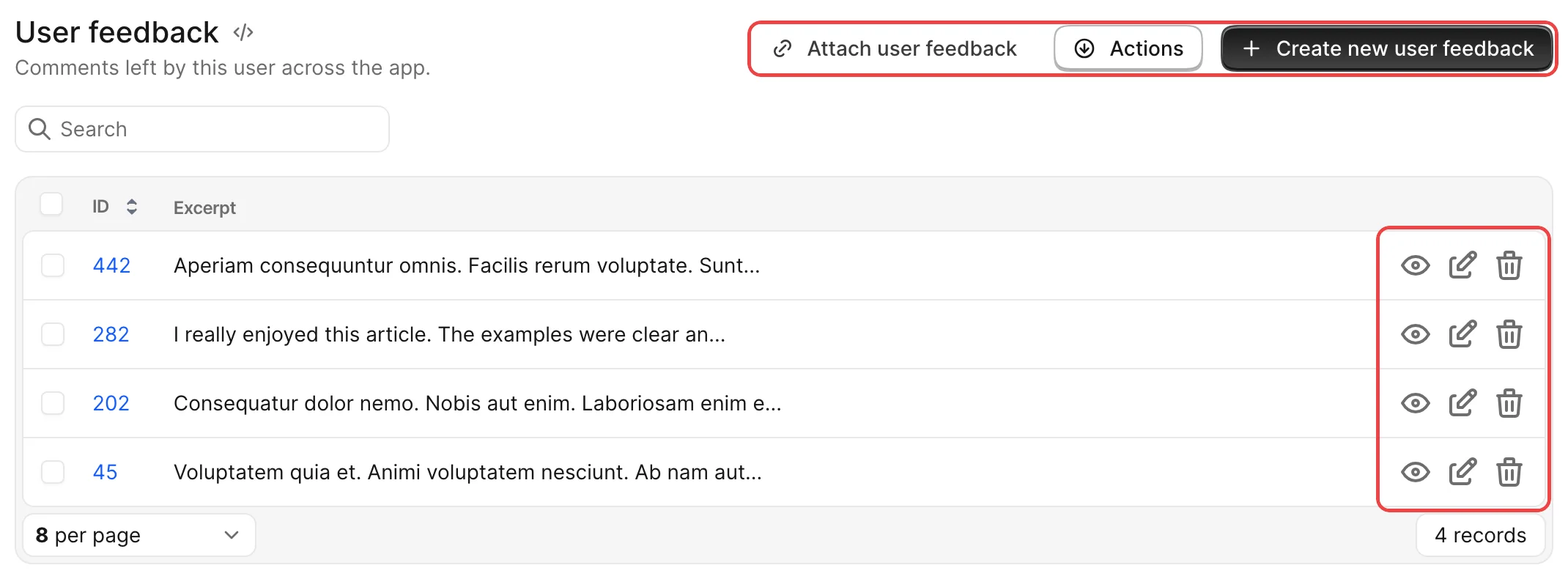 An Avo User feedback has_many association with attach, Actions, and Create buttons highlighted in the header and view, edit, and delete row actions highlighted on the right.