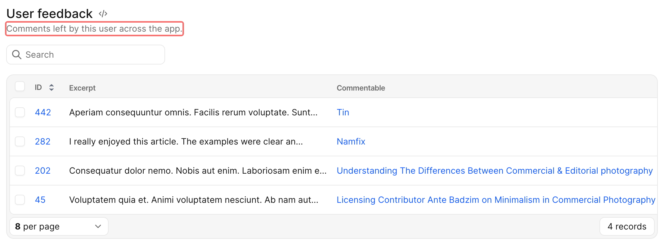 An Avo has_many association titled User feedback with its description — Comments left by this user across the app. — highlighted below the panel title, showing the full index table with search and pagination.