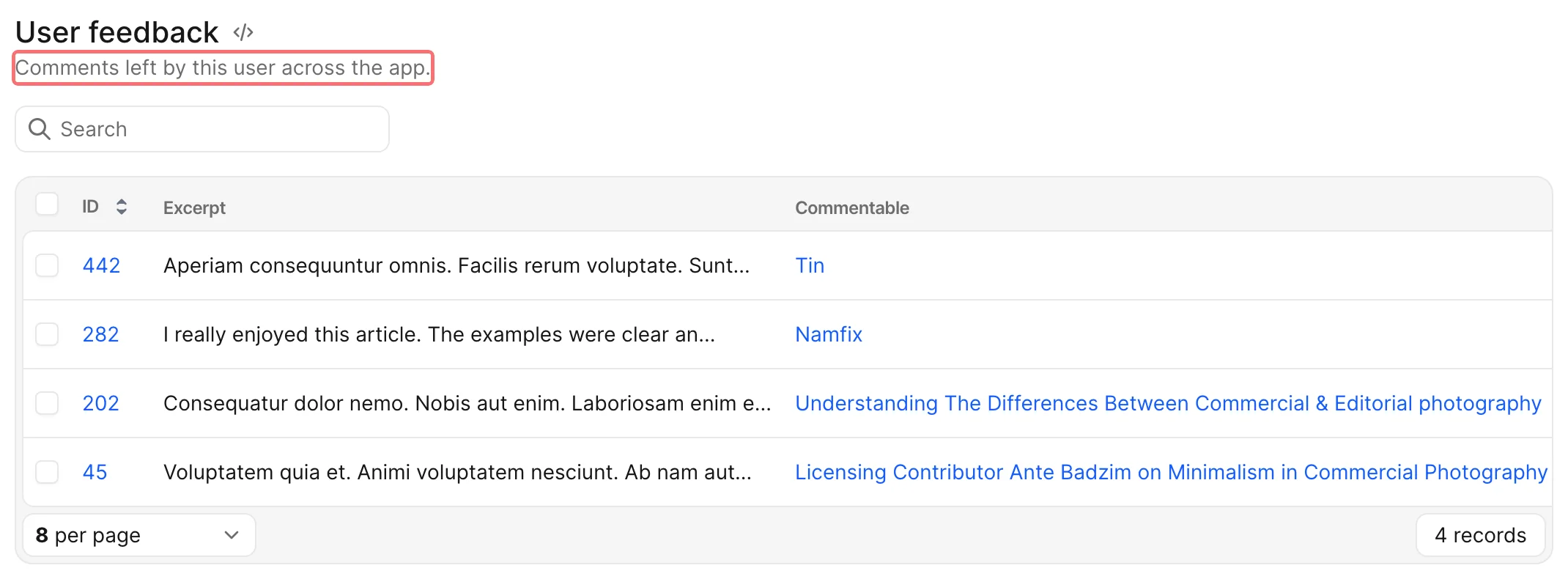 An Avo has_many association titled User feedback with its description — Comments left by this user across the app. — highlighted below the panel title, showing the full index table with search and pagination.