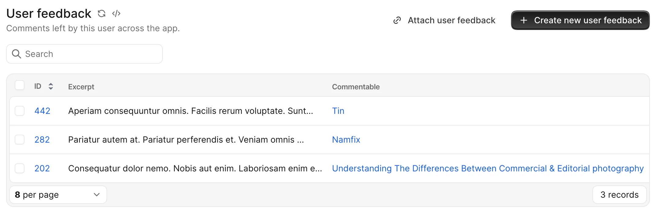 An Avo User feedback has_many association on a User show page scoped to three matching comments, showing the full index table with attach and create actions.