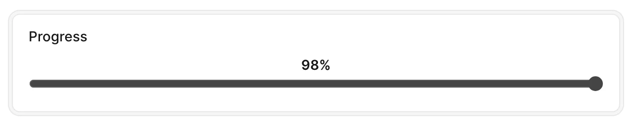A progress_bar custom field on an Avo Edit form, rendered as a range slider with the current value and percent suffix shown above it.