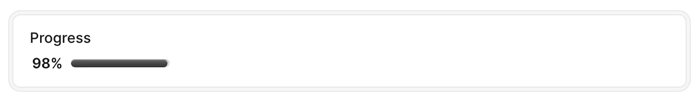 A progress_bar custom field on an Avo Show view, rendering a progress bar with the value 98% above it.