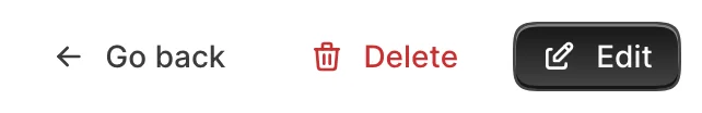 The default show controls bar on an Avo resource show page header: a back button, a delete button, and an edit button.