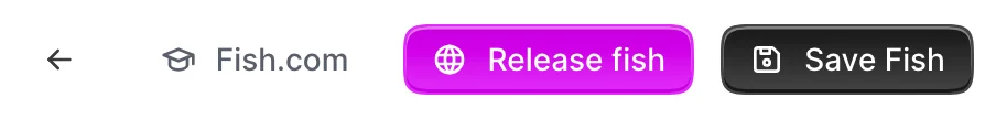 The customized edit_controls bar on an Avo Fish edit page header: a back button, a Fish.com link, a Runnables actions menu, a fuchsia Release fish action, and a Save Fish button.