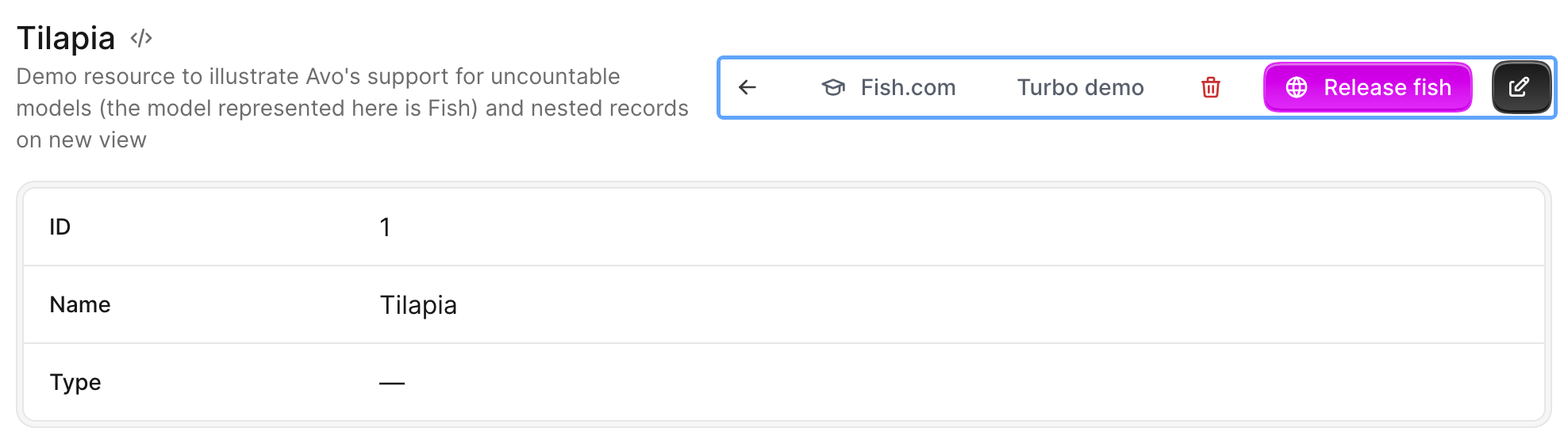 An Avo Show page panel with the record title and customizable controls highlighted in the header tools area, above a card listing the record fields.