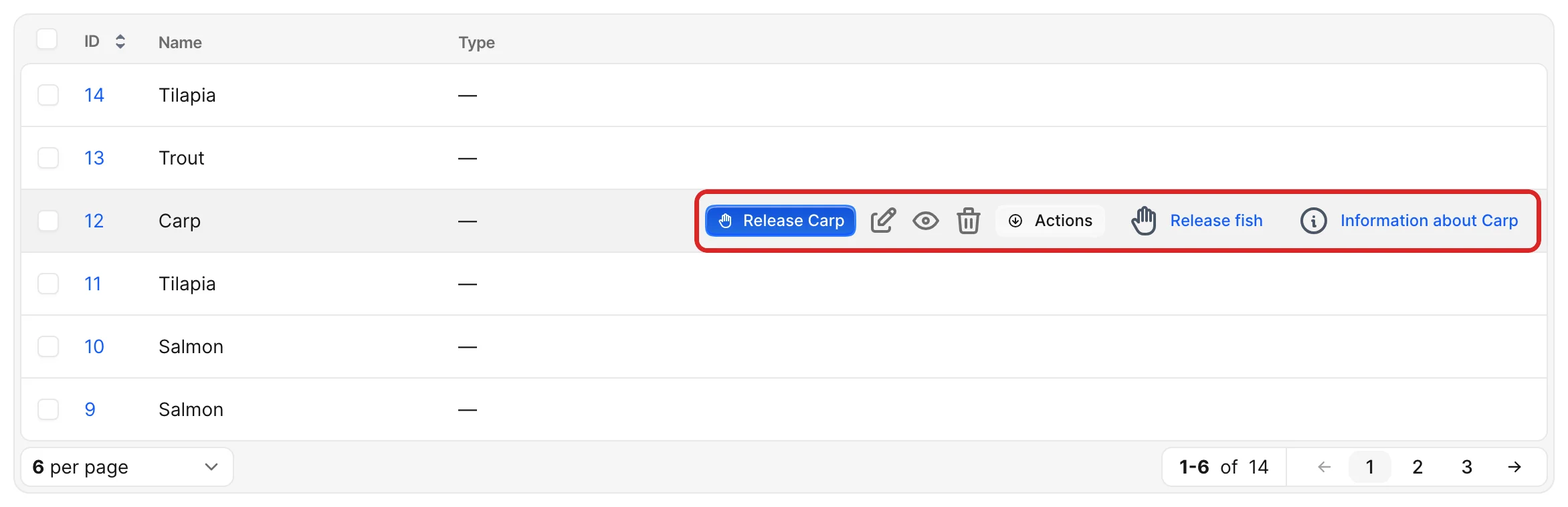 The Avo Fish index table with several rows; the customized row controls area on one middle row is highlighted in red, showing a Release action button, edit, show and delete icons, an Actions menu, and icon links.