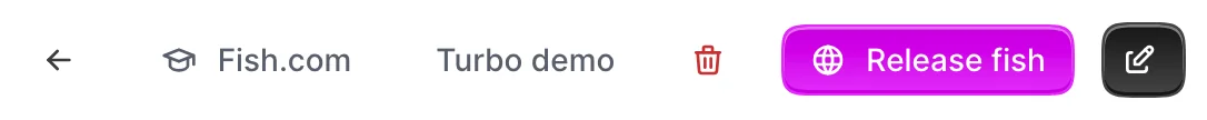 The customized show_controls bar on an Avo Fish show page header: a back button, Fish.com and Turbo demo links, a delete button, a fuchsia Release fish action, and an edit button.
