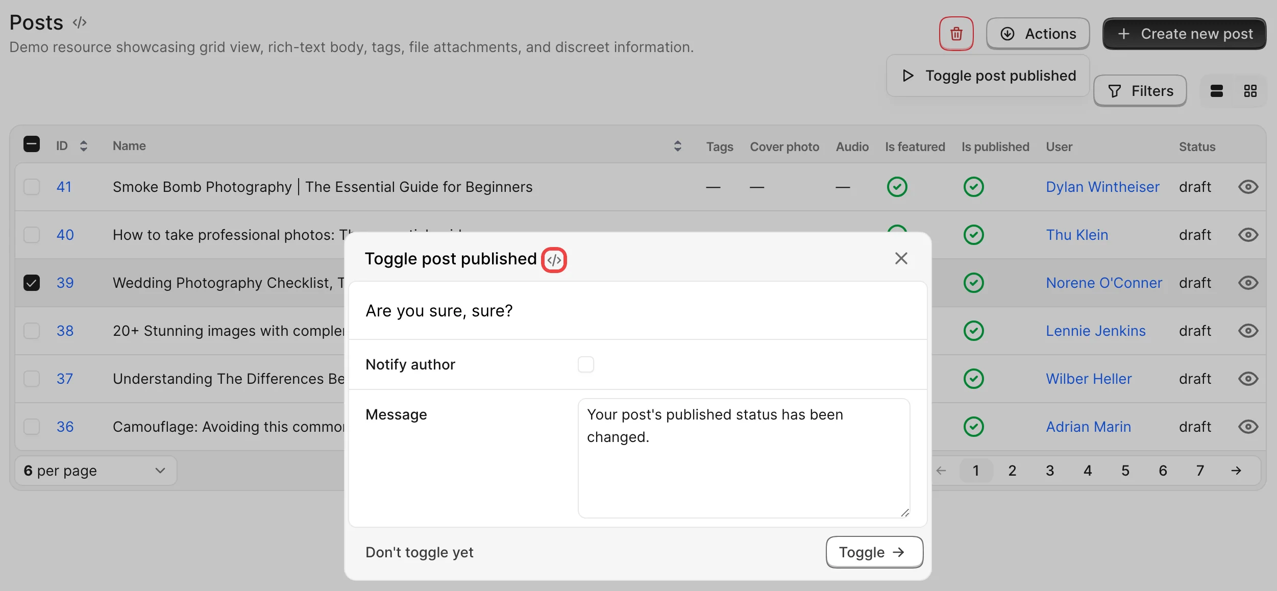 An Avo action confirmation modal open over the Posts index in development, its heading showing the action name with a small code icon next to it — it opens the action's source file in your editor — highlighted with a red box.