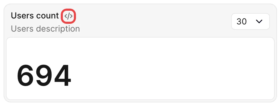 An Avo dashboard metric card in development, with a small code icon right after the card label — it opens the card's source file in your editor — highlighted with a red box.