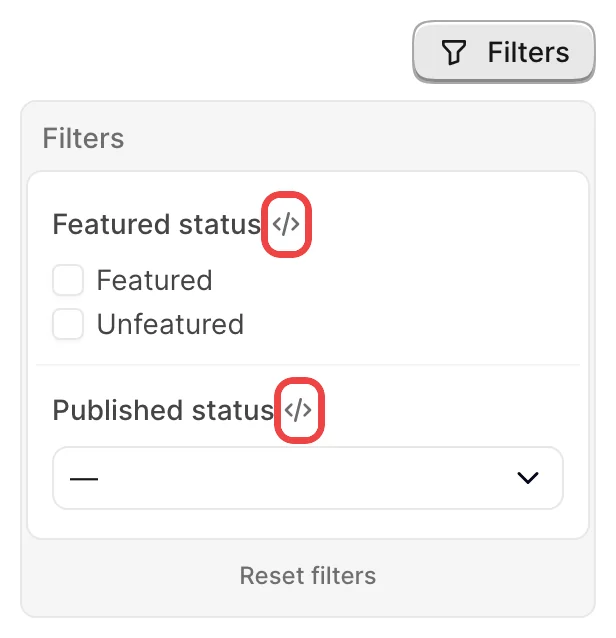 The Avo filters panel open on the Posts index in development, each filter name (Featured, Published) followed by a small code icon that opens the filter's source file in your editor, each icon highlighted with a red box.