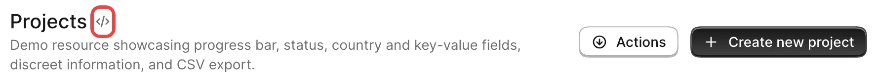 An Avo Projects index header in development, with a small code icon right after the resource name — it opens the resource's source file in your editor — highlighted with a red box.