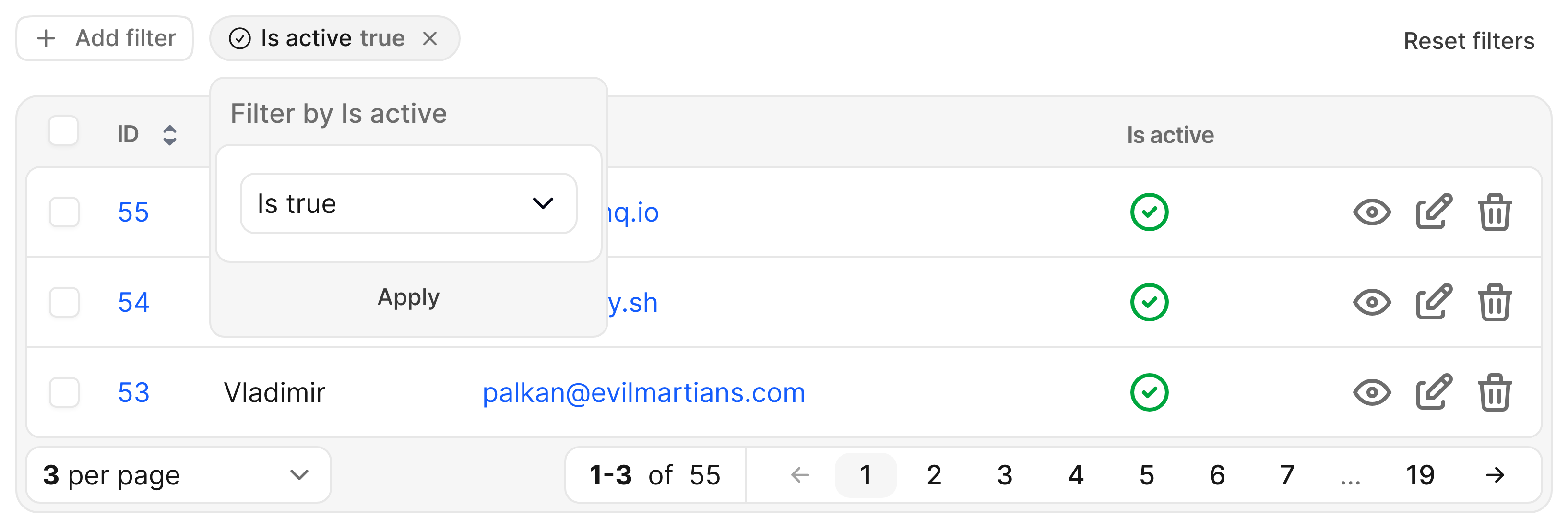 Avo Users index: the Is active dynamic filter pill and open card showing the Is true condition and Apply button, zoomed in over a short three-row table with pagination.