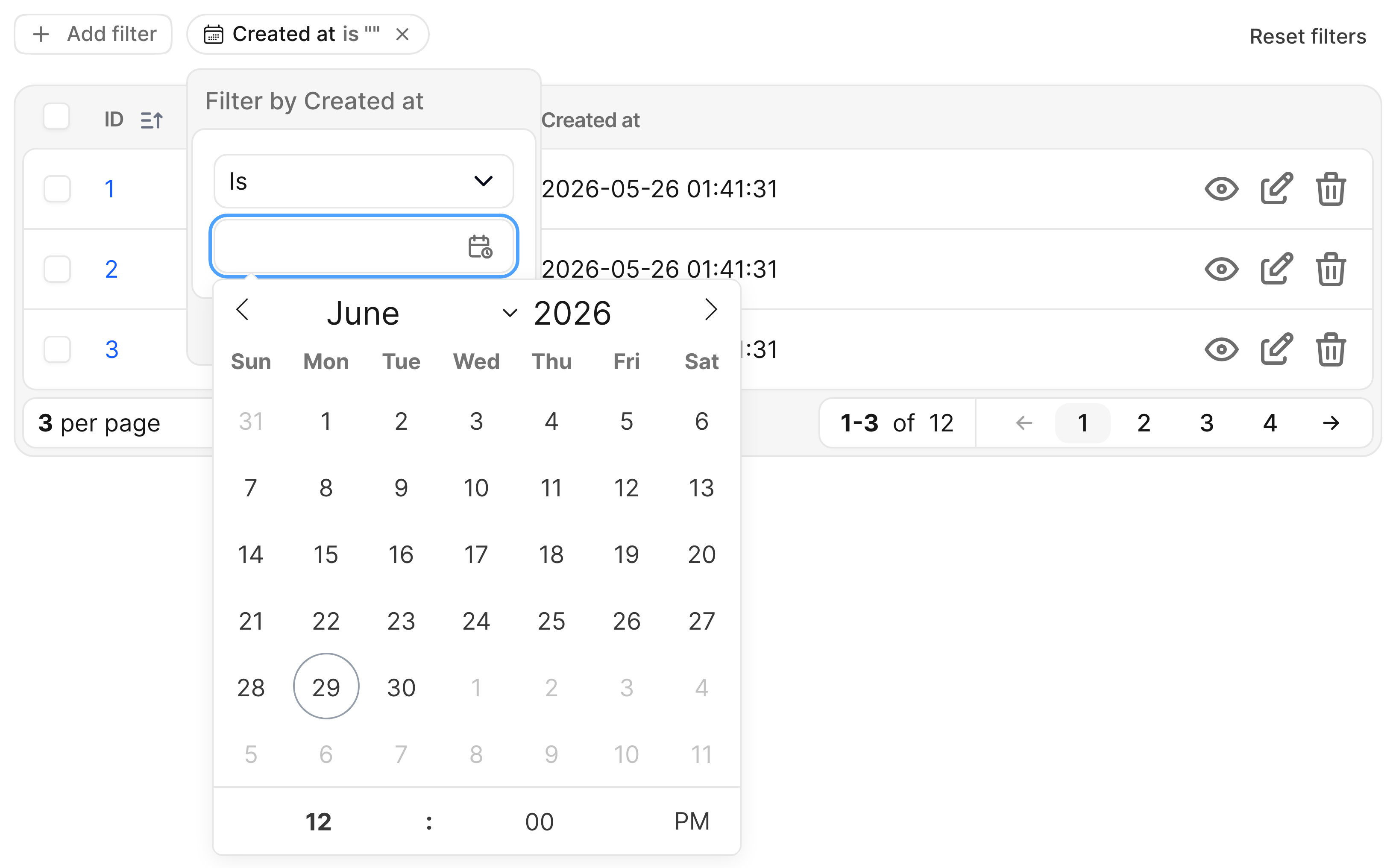 Avo Teams index with a short three-row table: the Created at dynamic filter with flatpickr calendar and time picker open over the table.