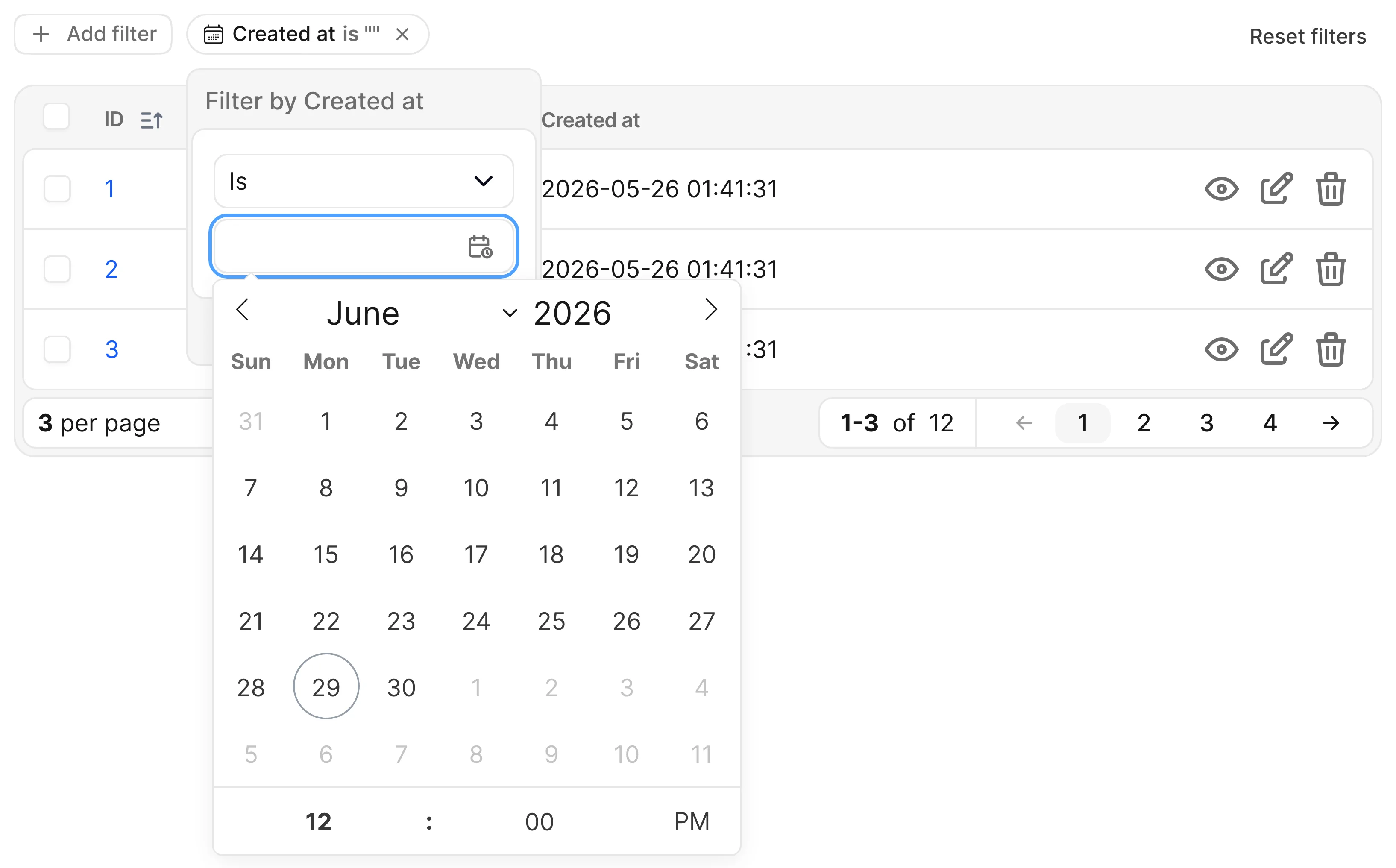 Avo Teams index with a short three-row table: the Created at dynamic filter with flatpickr calendar and time picker open over the table.