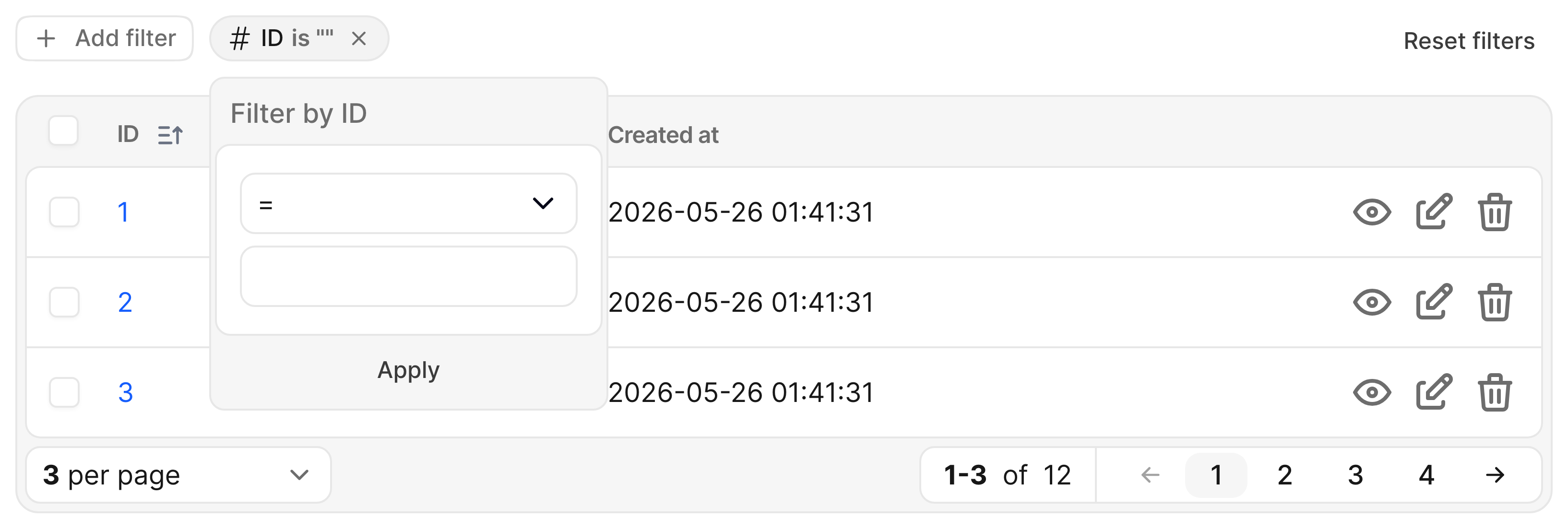 Avo Teams index with a short three-row table: the ID dynamic filter pill and open card over the table.