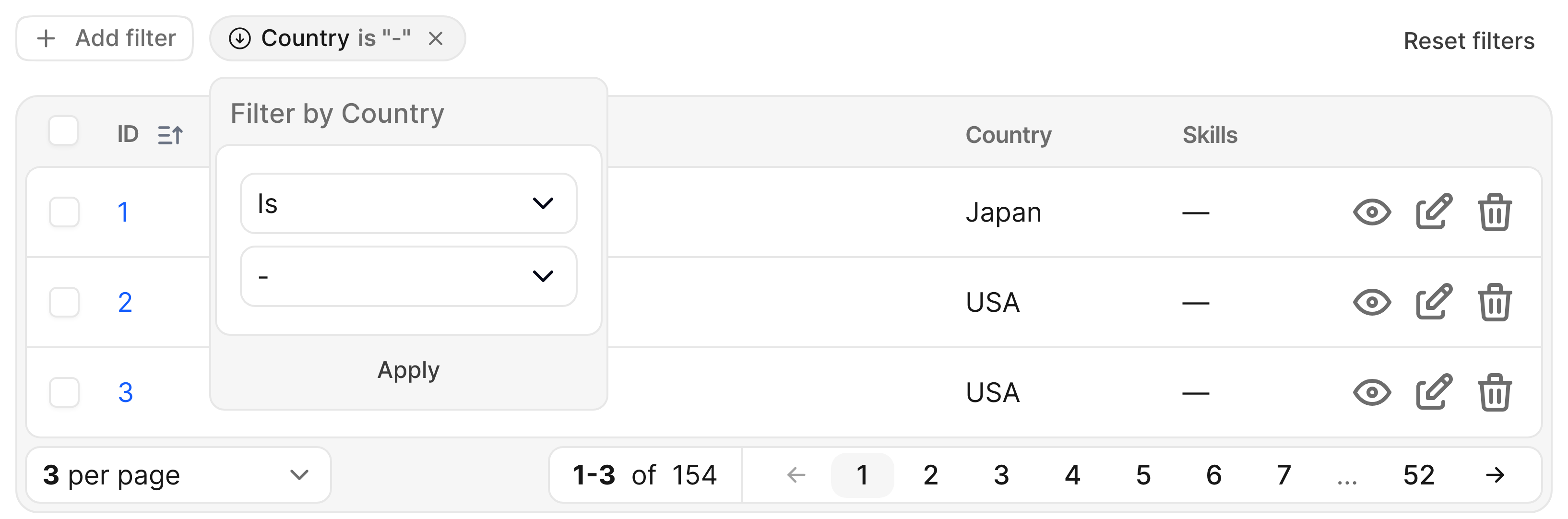 Avo Courses index with a short three-row table: the Country dynamic filter pill and open card over the table.