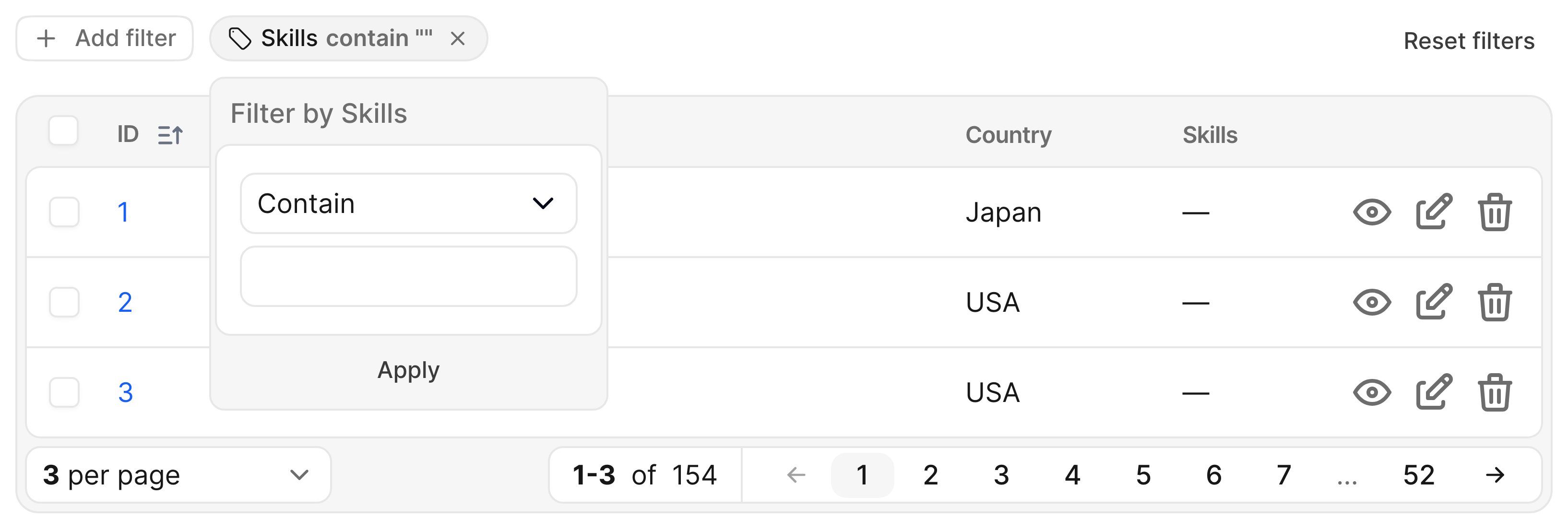 Avo Courses index with a short three-row table: the Skills dynamic filter pill and open card over the table.